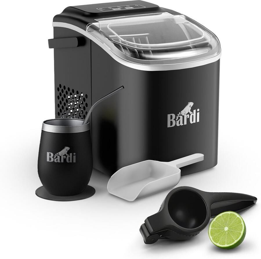 Bardi Deluxe IJsblokjesmachine Set 1 2 Liter 12KG IJsblokjes in 24 uur met IJsschep Inclusief 1 Luxe Thermosbeker en Ijsschep Zwart Citruspers Zwart