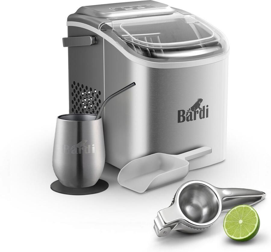 Bardi Deluxe IJsblokjesmachine Set 1 2 Liter 12KG IJsblokjes in 24 uur met IJsschep Inclusief 1 Luxe Thermosbeker en Ijsschep RVS Citruspers RVS
