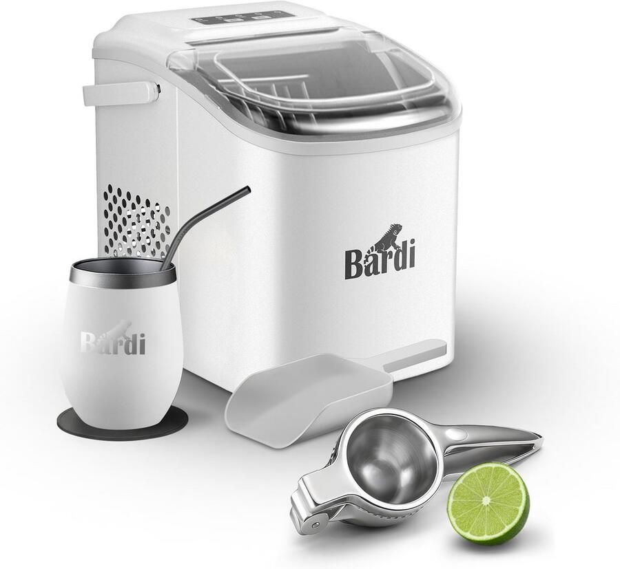 Bardi Deluxe IJsblokjesmachine Set 1 2 Liter 12KG IJsblokjes in 24 uur met IJsschep Met een luxe thermosbeker Wit Citruspers RVS