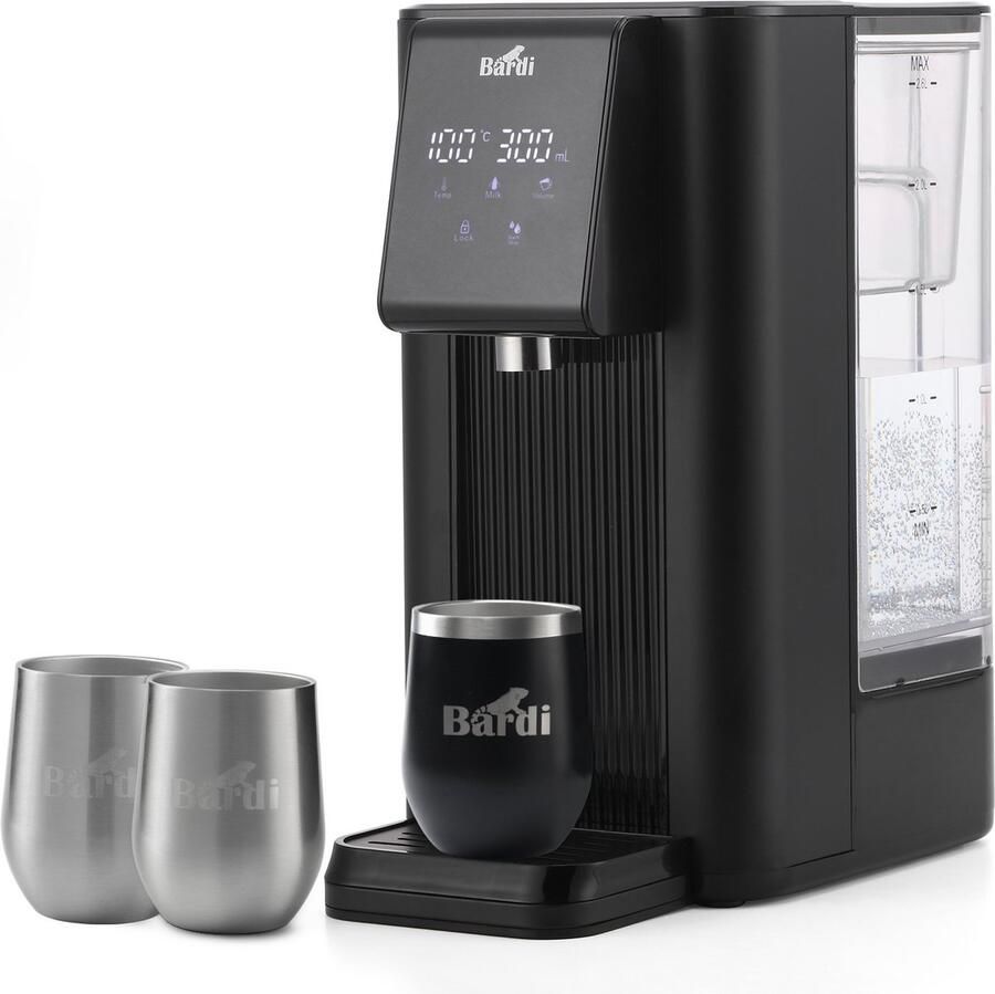 Bardi Heetwaterdispenser 2 6L – 6 Temperatuurstanden 45-100°C – Instant Waterkoker – Touch Display – Inclusief 3 Thermoscups (Zwart + RVS) & Onderzetter – Zwart