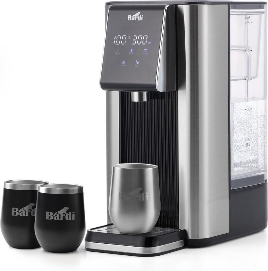 Bardi Heetwaterdispenser 2 6L – 6 Temperatuurstanden 45-100°C – Instant Waterkoker – Touch Display – Inclusief 3 Thermoscups (RVS + Zwart) & Onderzetter – RVS