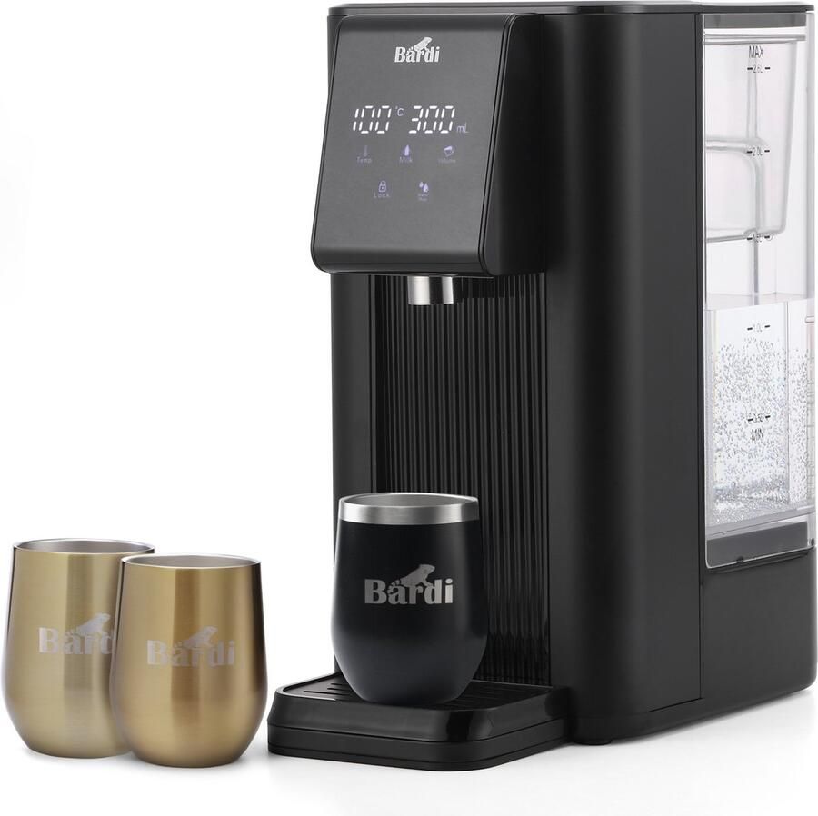 Bardi Heetwaterdispenser 2 6L – 6 Temperatuurstanden 45-100°C – Instant Waterkoker – Touch Display – Inclusief 3 Thermoscups (Zwart + Goud) & Onderzetter – Zwart