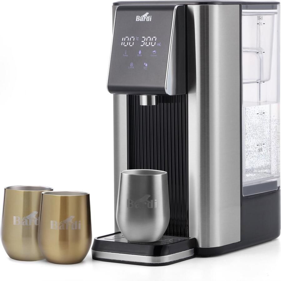 Bardi Heetwaterdispenser 2 6L – 6 Temperatuurstanden 45-100°C – Instant Waterkoker – Touch Display – Inclusief 3 Thermoscups (RVS + Goud) & Onderzetter – RVS