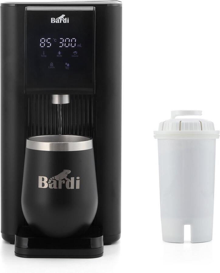 Bardi Heetwaterdispenser 2.6L – Instant Waterkoker met Touchscreen – 7 Temperatuurstanden & 5 Volumestanden – Inclusief STRIX Waterfilter Thermosbeker & Onderzetter – Zwart