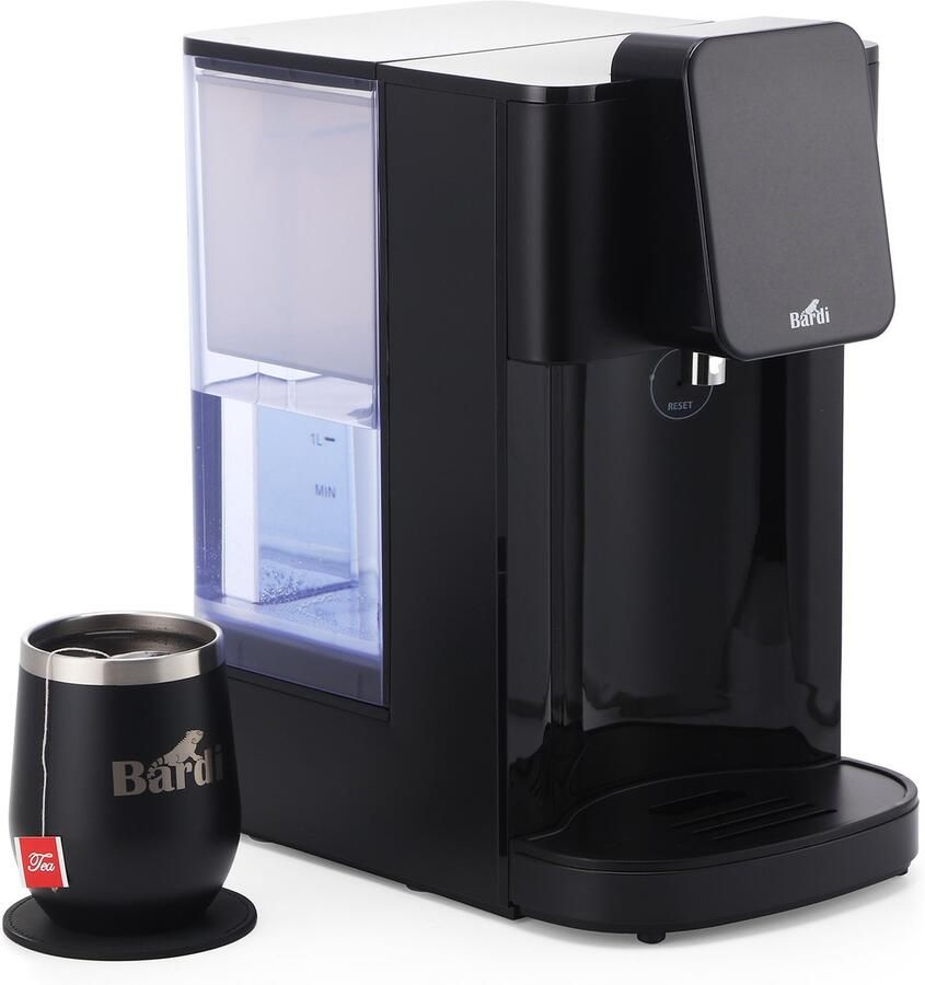 Bardi Heetwaterdispenser 4L – Instant Waterkoker met Touchscreen – 8 Temperatuurstanden (40–100°C) – 5 Volumestanden (100–400 ml) – Heetwatertap – Inclusief Luxe Thermosbeker en Onderzetter – Zwart