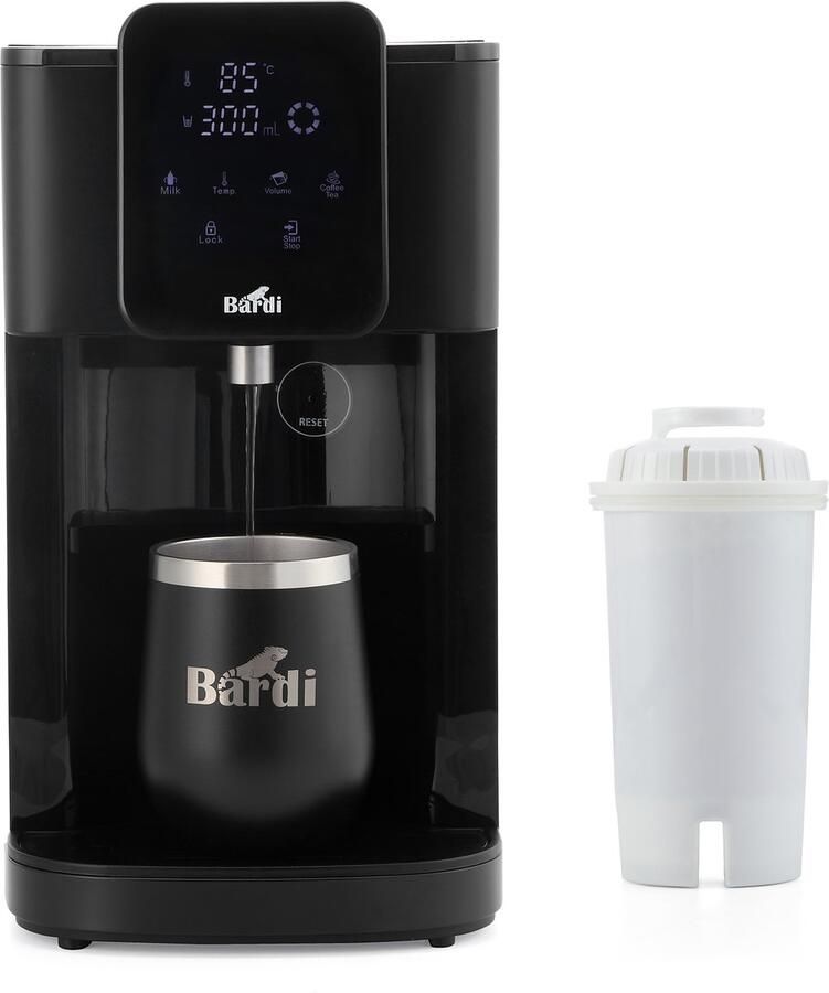 Bardi Heetwaterdispenser 4L – Instant Waterkoker met Touchscreen – 8 Temperatuurstanden (40–100°C) – 5 Volumestanden (100–400 ml) – Heetwatertap – Inclusief STRIX Waterfilter & Filterbox + Luxe Thermosbeker en Onderzetter – Zwart