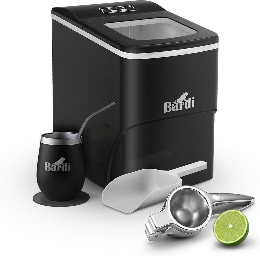 Bardi IJsblokjesmachine Set 2 Liter 12KG IJsblokjes in 24 uur met IJsschep Inclusief 1 Luxe Thermosbeker Zwart Citruspers RVS