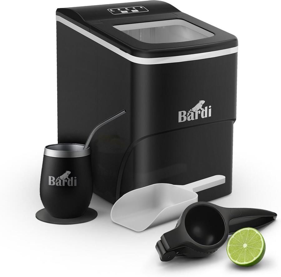 Bardi IJsblokjesmachine Set 2 Liter 12KG IJsblokjes in 24 uur met IJsschep Inclusief 1 Luxe Thermosbeker Zwart Citruspers Zwart