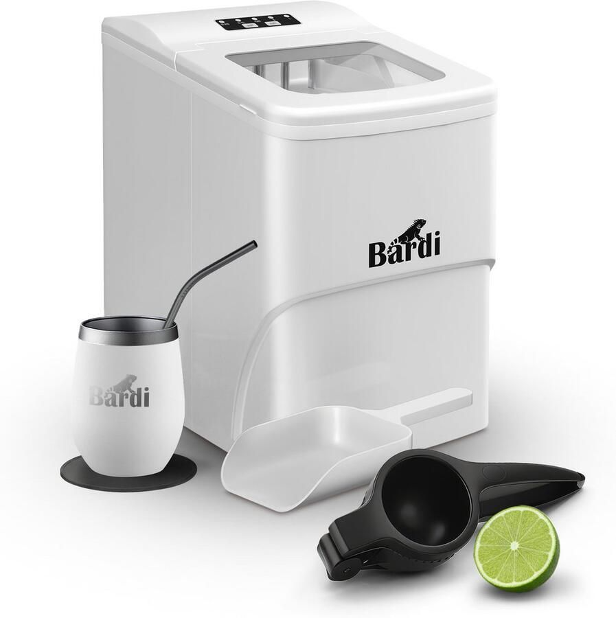 Bardi IJsblokjesmachine Set 2 Liter 12KG IJsblokjes in 24 uur met IJsschep Inclusief 1 Luxe Thermosbeker Wit Citruspers Zwart