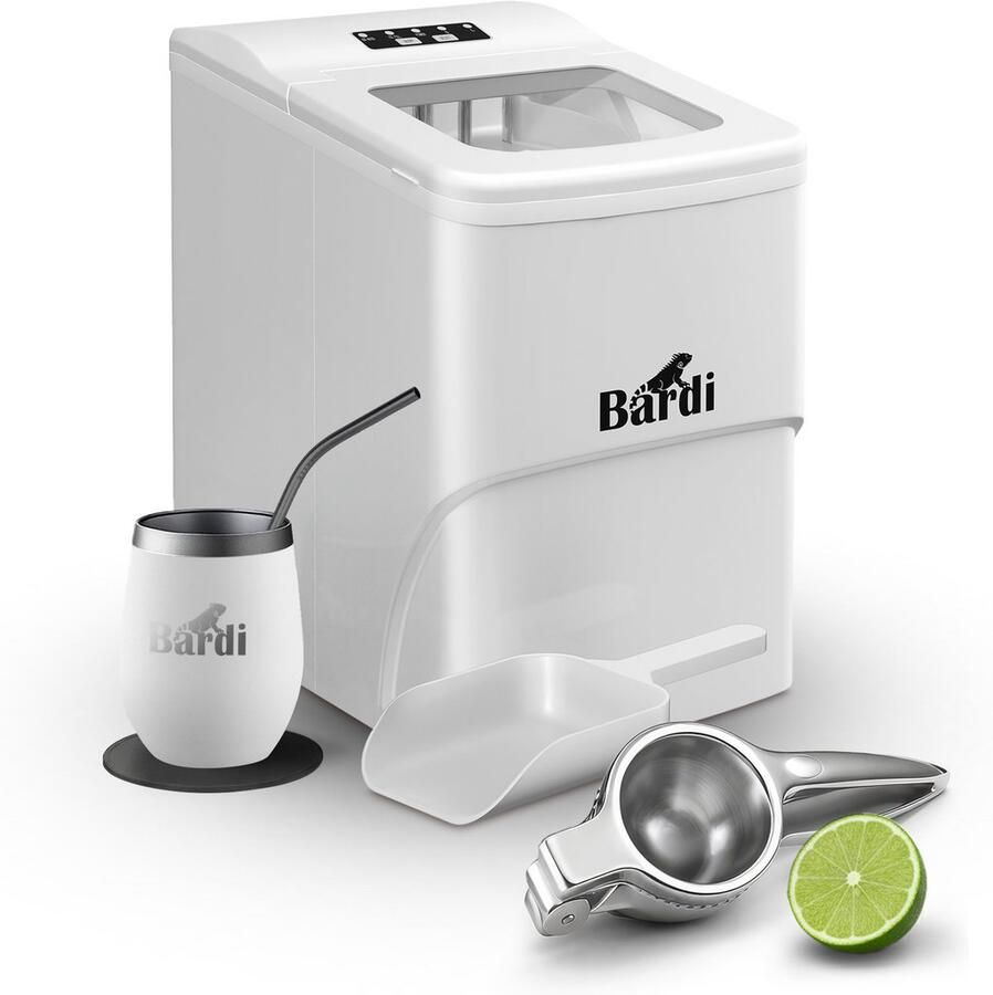 Bardi IJsblokjesmachine Set 2 Liter 12KG IJsblokjes in 24 uur met IJsschep Inclusief 1 Luxe Thermosbeker Wit Citruspers RVS