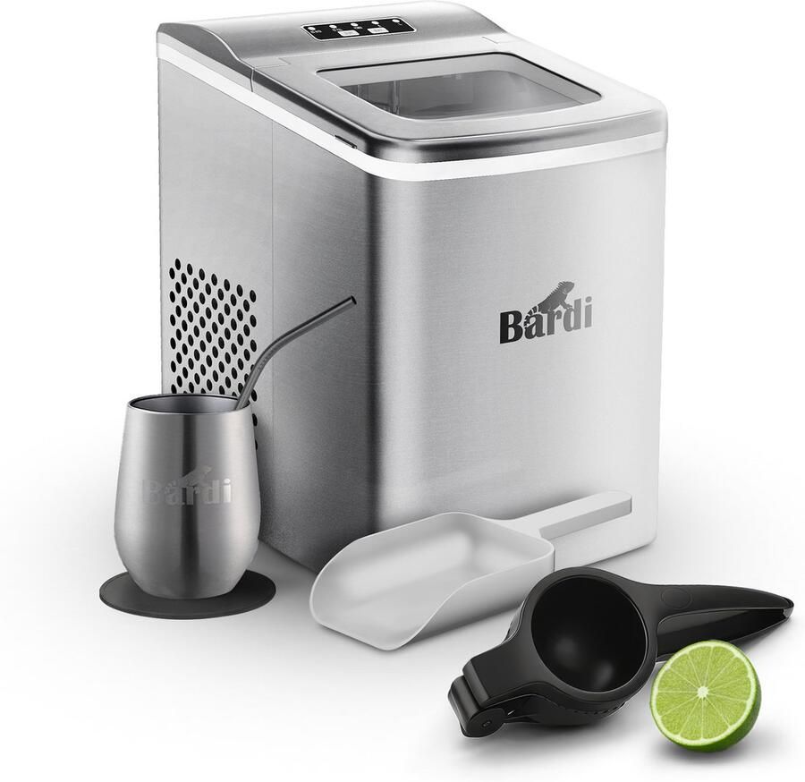 Bardi IJsblokjesmachine Set 2 Liter 12KG IJsblokjes in 24 uur met IJsschep Inclusief 1 Luxe Thermosbeker RVS Citruspers Zwart