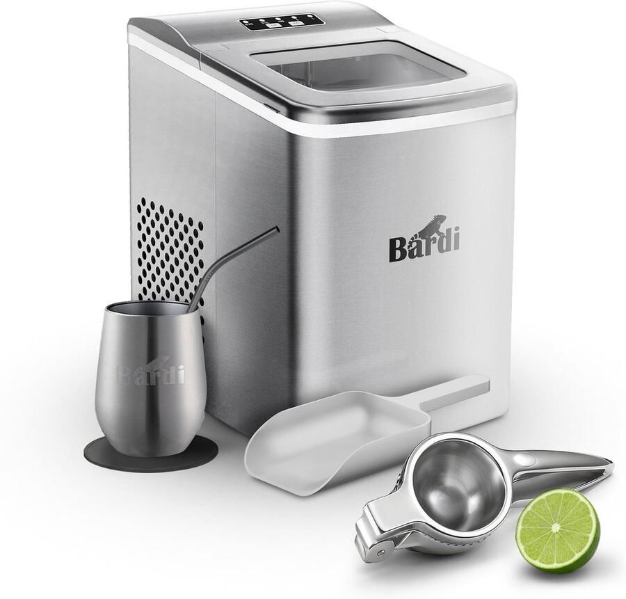 Bardi IJsblokjesmachine Set 2 Liter 12KG IJsblokjes in 24 uur met IJsschep Inclusief 1 Luxe Thermosbeker RVS Citruspers RVS