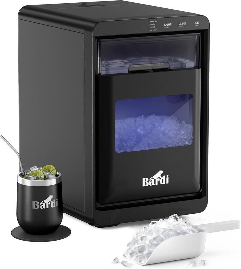 Bardi 1 8L Deluxe IJsblokjesmachine Crushed ICE machine Nugget IJsblokjesmachine LED Verlichting 20Kg 24 uur. inclusief Thermosbeker ZWART
