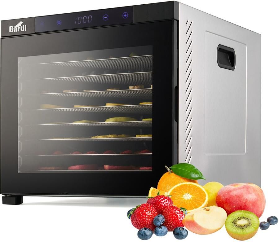 Bardi Professionele 10 Laags Voedseldroger Dehydrator Droogoven RVS 24-Uurs Timer Led-bedieningspaneel Inclusief 10 Inlegvellen en Voedseltang 1000 Watt