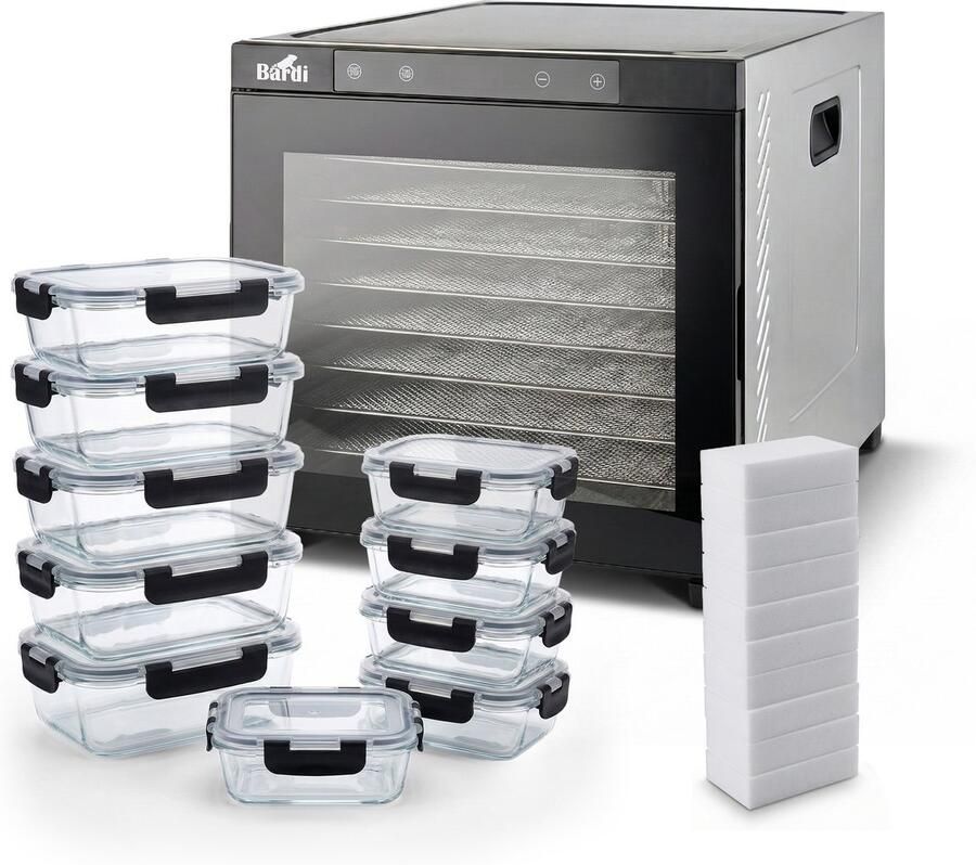 Bardi Professionele 10 Laags Voedseldroger Dehydrator Droogoven RVS 24-Uurs Timer Led-bedieningspaneel 1000 Watt Met 10 delige glazen meal prep bakjes en 10 wondersponzen