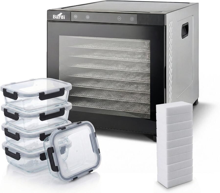 Bardi Professionele 10 Laags Voedseldroger Dehydrator Droogoven RVS 24-Uurs Timer Led-bedieningspaneel 1000 Watt Met 5 delige glazen meal prep bakjes en 10 wondersponzen
