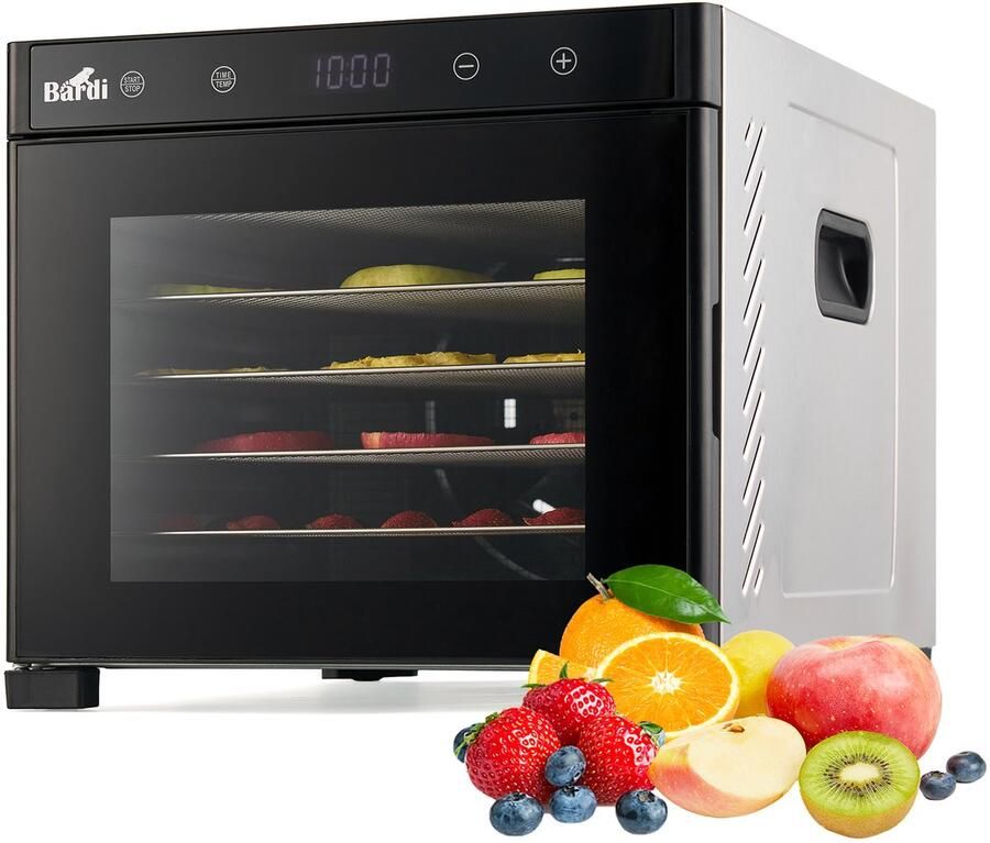 Bardi Professionele 6 Laags Voedseldroger Dehydrator Droogoven RVS 24-Uurs Timer Led-bedieningspaneel Inclusief 6 Inlegvellen en Voedseltang 650 Watt