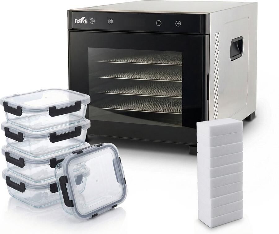 Bardi Professionele 6 Laags Voedseldroger Dehydrator Droogoven RVS 24-Uurs Timer Led-bedieningspaneel 650 Watt Met 5 delige glazen meal prep bakjes en 10 wondersponzen