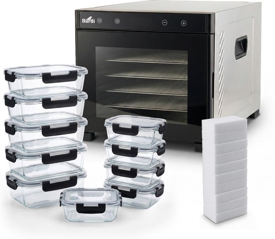 Bardi Professionele 6 Laags Voedseldroger Dehydrator Droogoven RVS 24-Uurs Timer Led-bedieningspaneel 650 Watt Met 10 delige glazen meal prep bakjes en 10 wondersponzen