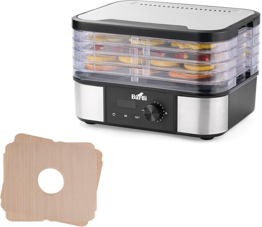Bardi Professionele Voedseldroger Elektrisch 350 Watt 5 Laags RVS Trays Inclusief 5 Inlegvellen 9 Hitte-niveaus 35°C tot 75°C LCD Display Timer RVS Zwart