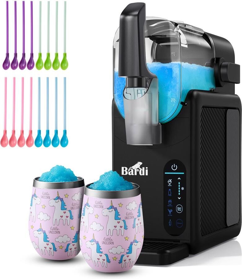 Bardi Slush Hero Combi – Slushmachine 2 6L + 2 Thermoscups Unicorn + 12 Slush Lepelrietjes – Voor Slushies Milkshakes Frappé & Frozen Cocktails – Zelfreinigend – zwart