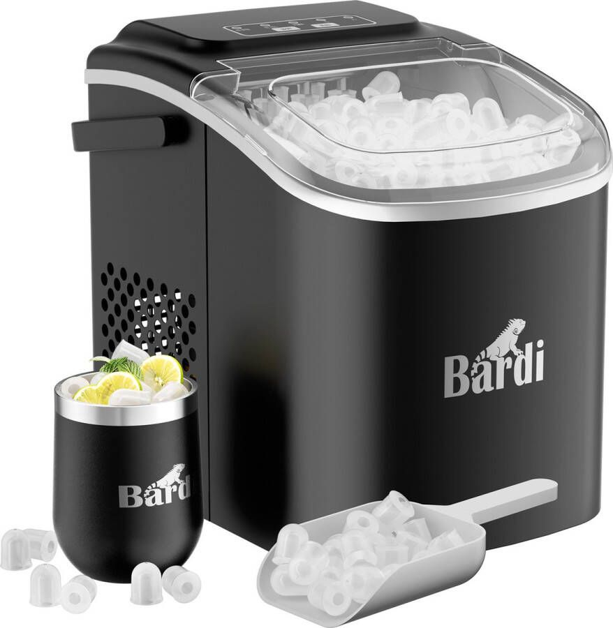 Bardi Deluxe IJsblokjesmachine – IJsblokmaker Inclusief Gratis Luxe Thermosbeker en IJsschep – 9 Blokjes in 8 Minuten – Zwart