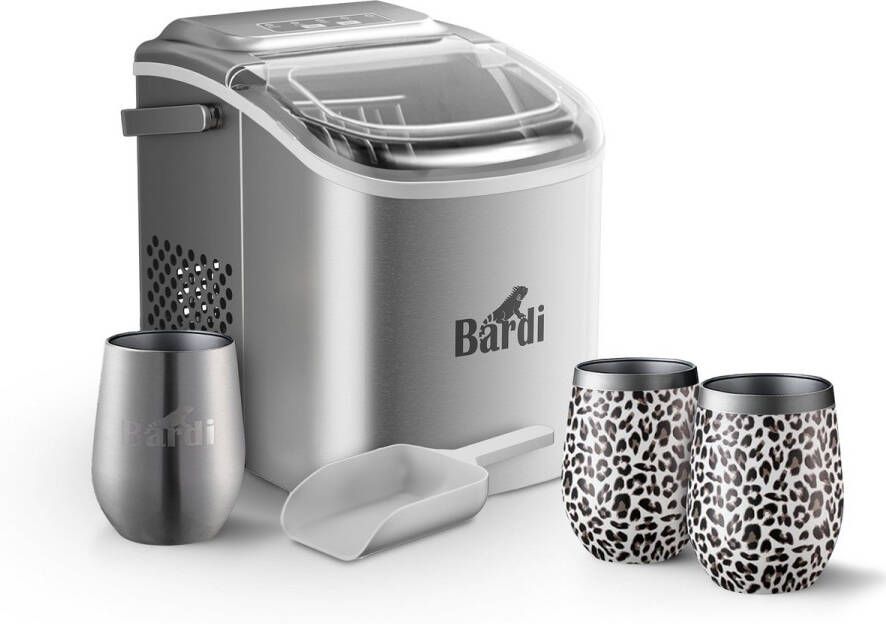 Bardi Deluxe IJsblokjesmachine Set 1 2 Liter RVS 12KG IJsblokjes in 24 uur met IJsschep Inclusief 3 Luxe Thermosbekers en Ijsschep Leo