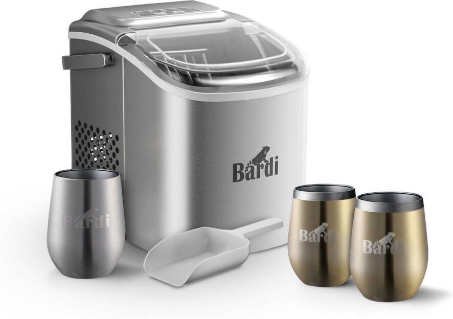 Bardi Deluxe IJsblokjesmachine Set 1 2 Liter RVS 12KG IJsblokjes in 24 uur met IJsschep Inclusief 3 Luxe Thermosbekers en Ijsschep Goud