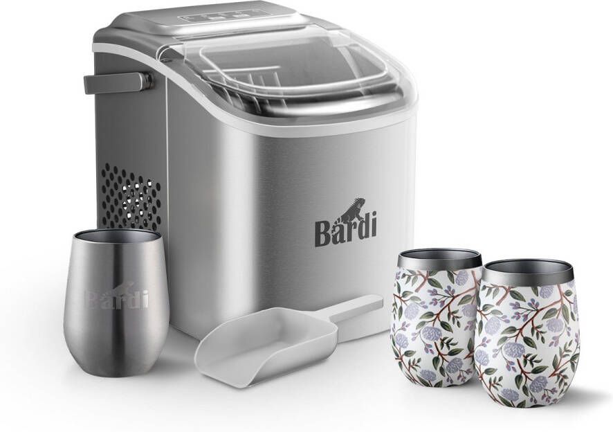 Bardi Deluxe IJsblokjesmachine Set 1 2 Liter RVS 12KG IJsblokjes in 24 uur met IJsschep Inclusief 3 Luxe Thermosbekers en Ijsschep White Flower