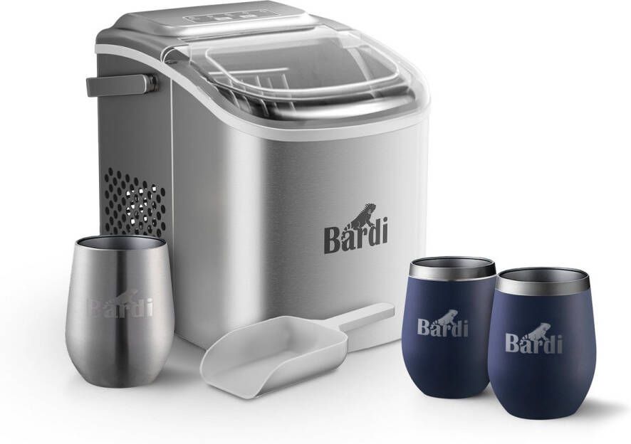 Bardi Deluxe IJsblokjesmachine Set 1 2 Liter RVS 12KG IJsblokjes in 24 uur met IJsschep Inclusief 3 Luxe Thermosbekers en Ijsschep Blauw