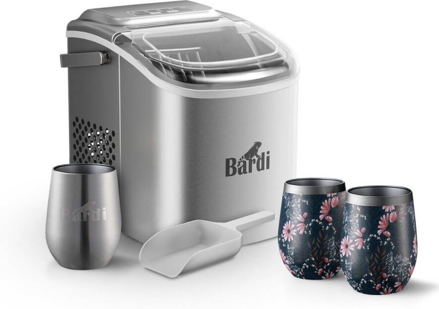 Bardi Deluxe IJsblokjesmachine Set 1 2 Liter RVS 12KG IJsblokjes in 24 uur met IJsschep Inclusief 3 Luxe Thermosbekers en Ijsschep Japanese Flower