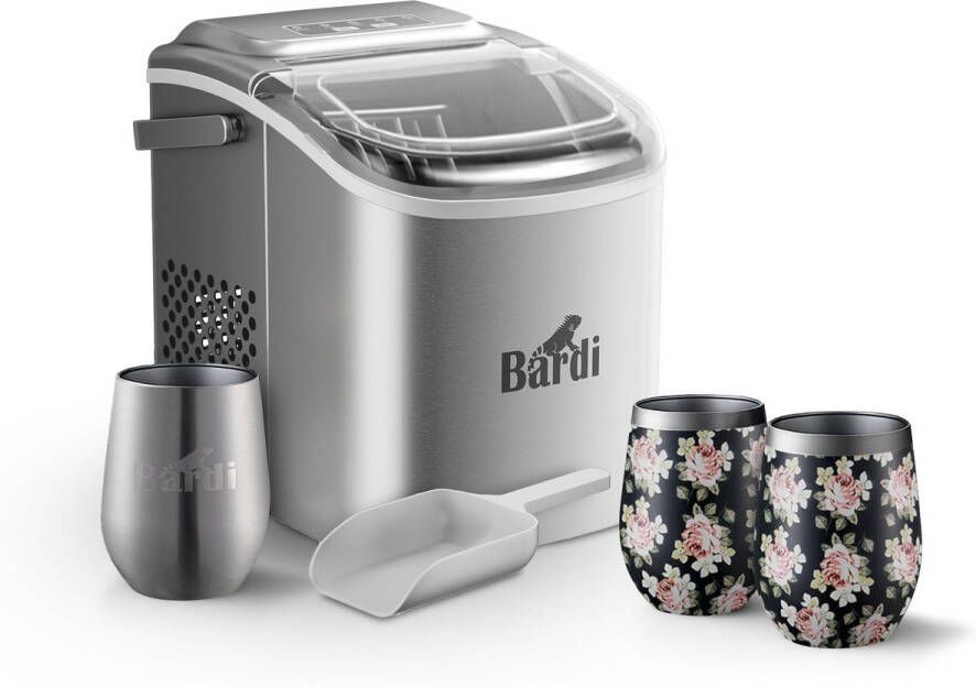 Bardi Deluxe IJsblokjesmachine Set 1 2 Liter RVS 12KG IJsblokjes in 24 uur met IJsschep Inclusief 3 Luxe Thermosbekers en Ijsschep Bloemetjes