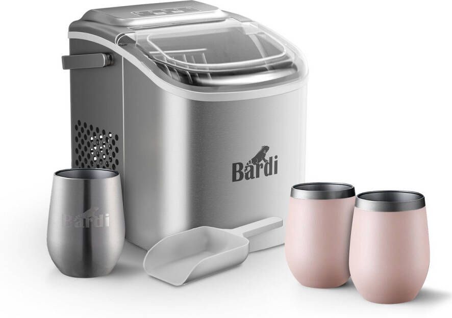 Bardi Deluxe IJsblokjesmachine Set 1 2 Liter RVS 12KG IJsblokjes in 24 uur met IJsschep Inclusief 3 Luxe Thermosbekers en Ijsschep Roze