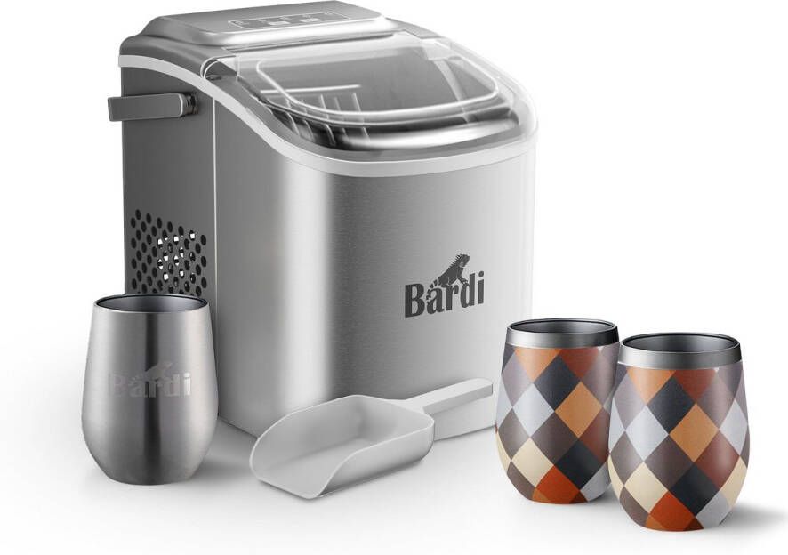 Bardi Deluxe IJsblokjesmachine Set 1 2 Liter RVS 12KG IJsblokjes in 24 uur met IJsschep Inclusief 3 Luxe Thermosbekers en Ijsschep Blok