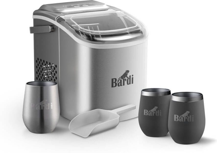 Bardi Deluxe IJsblokjesmachine Set 1 2 Liter RVS 12KG IJsblokjes in 24 uur met IJsschep Inclusief 3 Luxe Thermosbekers en Ijsschep Grijs
