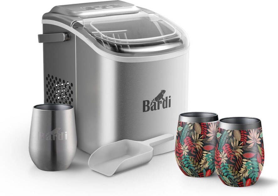 Bardi Deluxe IJsblokjesmachine Set 1 2 Liter RVS 12KG IJsblokjes in 24 uur met IJsschep Inclusief 3 Luxe Thermosbekers en Ijsschep Jungle