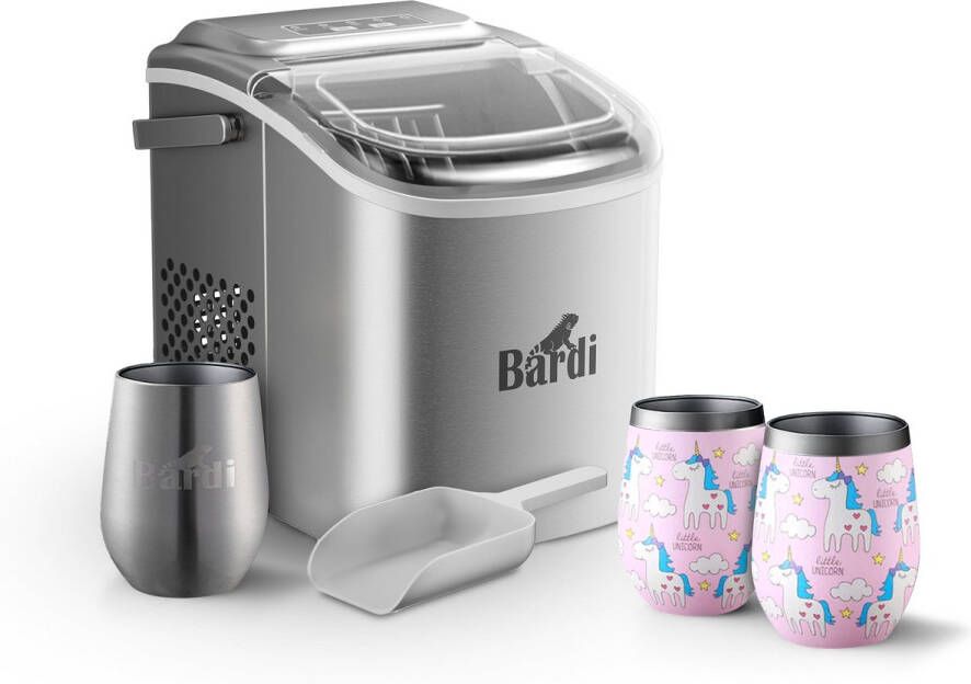 Bardi Deluxe IJsblokjesmachine Set 1 2 Liter RVS 12KG IJsblokjes in 24 uur met IJsschep Inclusief 3 Luxe Thermosbekers en Ijsschep Eenhoorn