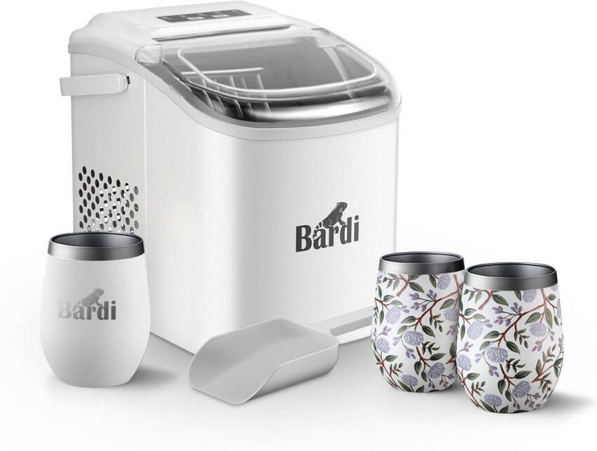 Bardi Deluxe IJsblokjesmachine Set 1 2 Liter Wit 12KG IJsblokjes in 24 uur met IJsschep Inclusief 3 Luxe Thermosbekers en Ijsschep White Flower