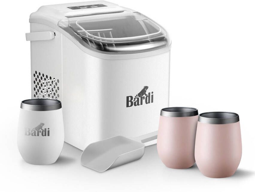 Bardi Deluxe IJsblokjesmachine Set 1 2 Liter Wit 12KG IJsblokjes in 24 uur met IJsschep Inclusief 3 Luxe Thermosbekers en Ijsschep Roze