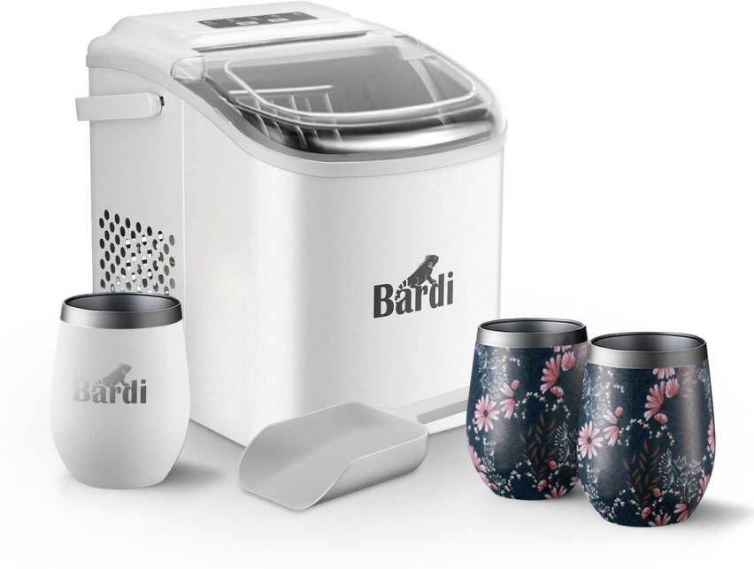 Bardi Deluxe IJsblokjesmachine Set 1 2 Liter Wit 12KG IJsblokjes in 24 uur met IJsschep Inclusief 3 Luxe Thermosbekers en Ijsschep Japanese Flower