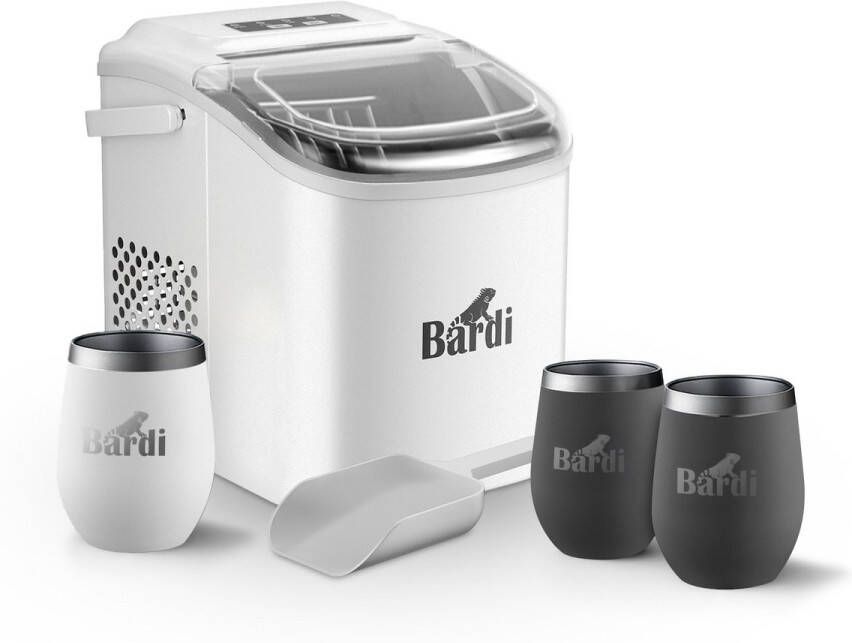 Bardi Deluxe IJsblokjesmachine Set 1 2 Liter Wit 12KG IJsblokjes in 24 uur met IJsschep Inclusief 3 Luxe Thermosbekers en Ijsschep Grijs