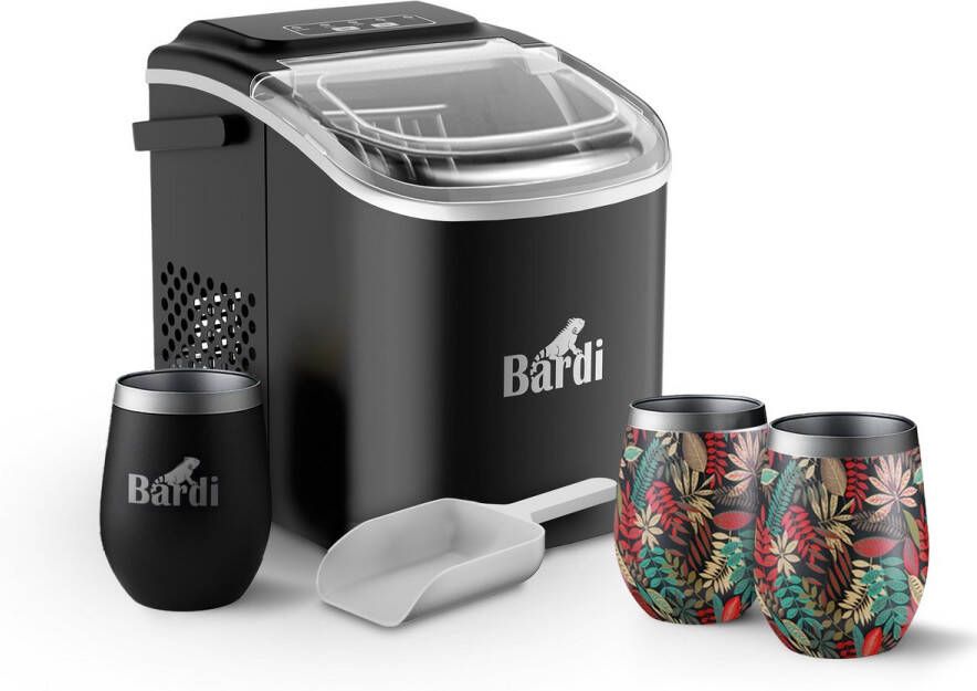 Bardi Deluxe IJsblokjesmachine Set 1 2 Liter Zwart 12KG IJsblokjes in 24 uur met IJsschep Inclusief 3 Luxe Thermosbekers en Ijsschep Jungle
