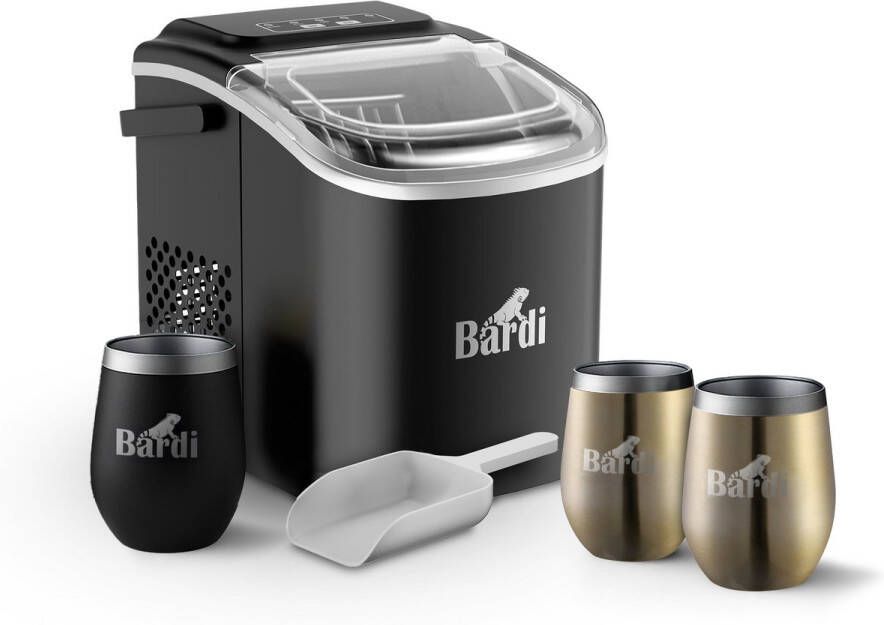 Bardi Deluxe IJsblokjesmachine Set 1 2 Liter Zwart 12KG IJsblokjes in 24 uur met IJsschep Inclusief 3 Luxe Thermosbekers en Ijsschep Goud