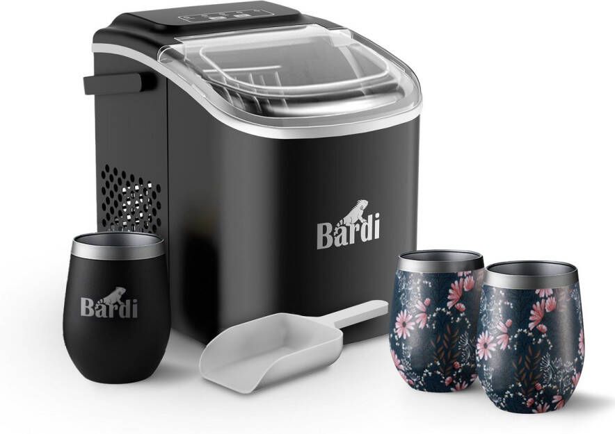 Bardi Deluxe IJsblokjesmachine Set 1 2 Liter Zwart 12KG IJsblokjes in 24 uur met IJsschep Inclusief 3 Luxe Thermosbekers en Ijsschep Japanese Flower