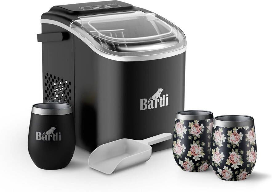 Bardi Deluxe IJsblokjesmachine Set 1 2 Liter Zwart 12KG IJsblokjes in 24 uur met IJsschep Inclusief 3 Luxe Thermosbekers en Ijsschep Bloemetjes