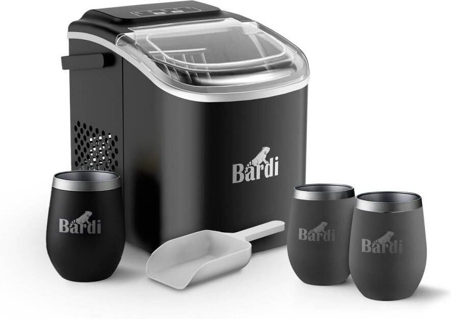 Bardi Deluxe IJsblokjesmachine Set 1 2 Liter Zwart 12KG IJsblokjes in 24 uur met IJsschep Inclusief 3 Luxe Thermosbekers en Ijsschep Grijs