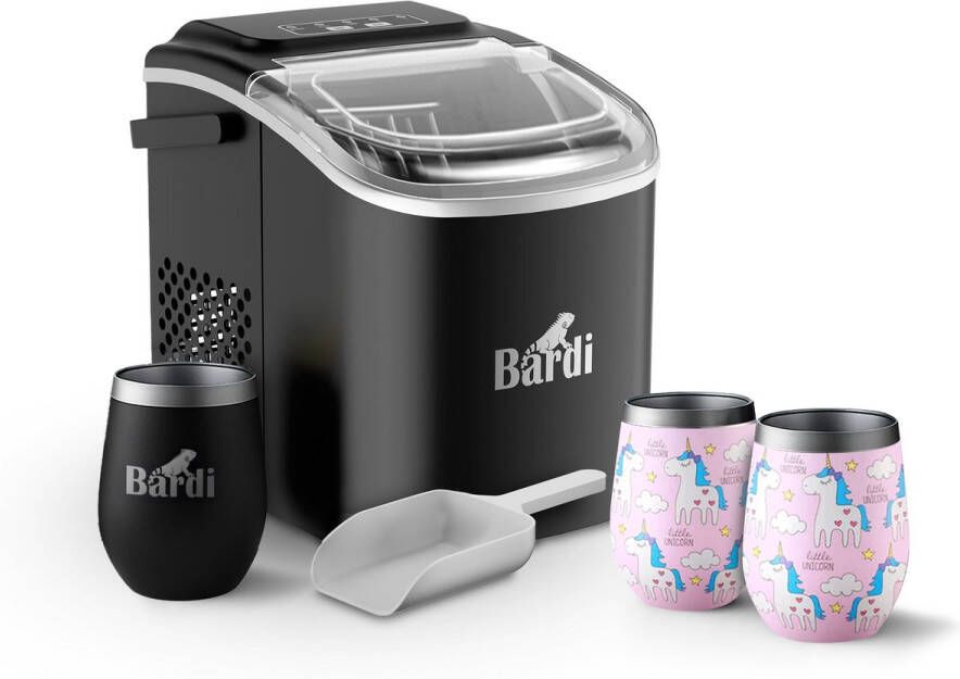 Bardi Deluxe IJsblokjesmachine Set 1 2 Liter Zwart 12KG IJsblokjes in 24 uur met IJsschep Inclusief 3 Luxe Thermosbekers en Ijsschep Eenhoorn