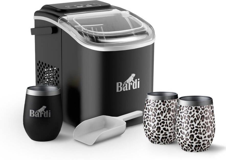 Bardi Deluxe IJsblokjesmachine Set 1 2 Liter Zwart 12KG IJsblokjes in 24 uur met IJsschep Inclusief 3 Luxe Thermosbekers en Ijsschep Leo