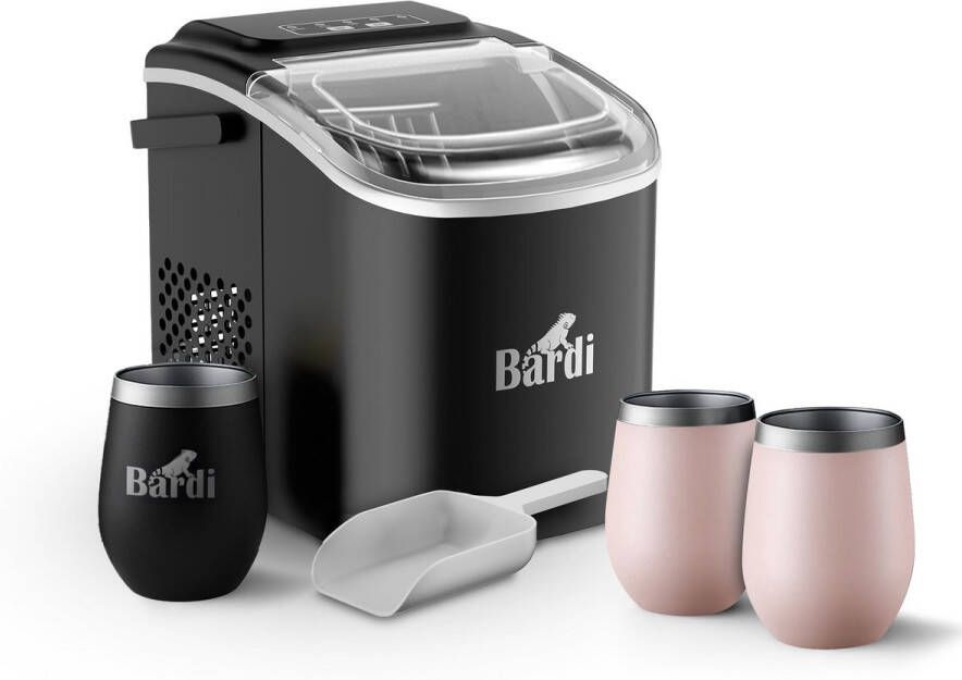 Bardi Deluxe IJsblokjesmachine Set 1 2 Liter Zwart 12KG IJsblokjes in 24 uur met IJsschep Inclusief 3 Luxe Thermosbekers en Ijsschep Roze