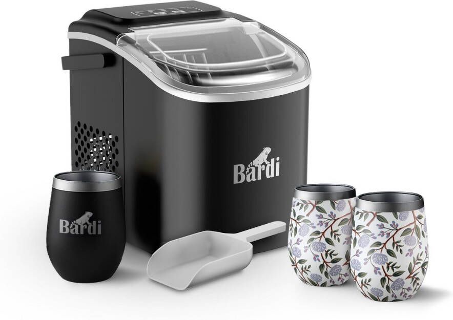 Bardi Deluxe IJsblokjesmachine Set 1 2 Liter Zwart 12KG IJsblokjes in 24 uur met IJsschep Inclusief 3 Luxe Thermosbekers en Ijsschep White Flower